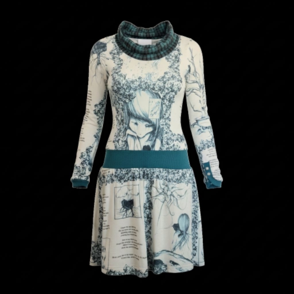 Chic Teal and Cream Graphic Long Sleeve Dress